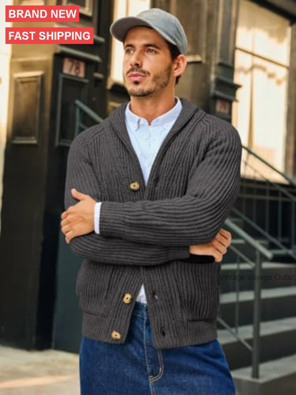Men's Cable Knit Shawl Collar Cardigan Sweater with Pockets - Picture 2 of 7